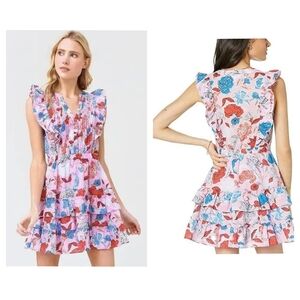 BB Dakota Pink Floral Print Dress with Blue & Orange Accents Large